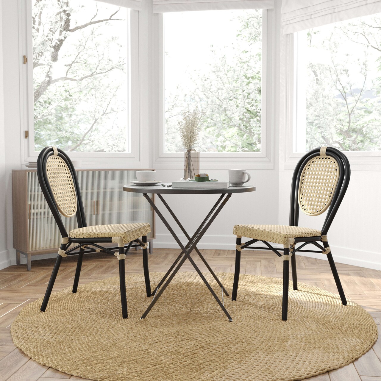 Merrick Lane Toulon Set of Two Stacking Thonet Bistro Style Chair, PE Cane Rattan Seat, and Metal Frame for Indoor/Outdoor Use